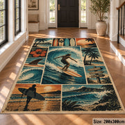 Surfer Beach Collage Area Rug with Palm Trees and Ocean Waves — hallway setting
