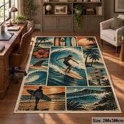 Surfer Beach Collage Area Rug with Palm Trees and Ocean Waves — home office setting