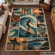 Surfer Beach Collage Area Rug with Palm Trees and Ocean Waves — living room setting