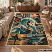 Surfer Beach Collage Area Rug with Palm Trees and Ocean Waves — sofa seating area setting