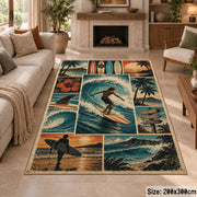 Surfer Beach Collage Area Rug with Palm Trees and Ocean Waves — fireplace area setting