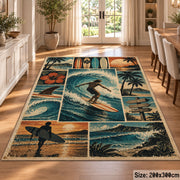 Surfer Beach Collage Area Rug with Palm Trees and Ocean Waves — dining room setting