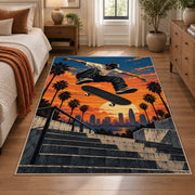 Sunset Skater Area Rug with Palm Trees and Concrete Steps — bedroom setting