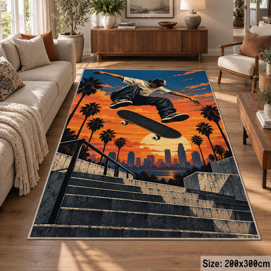 Sunset Skater Area Rug with Palm Trees and Concrete Steps — sofa seating area