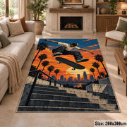 Sunset Skater Area Rug with Palm Trees and Concrete Steps — fireplace setting