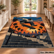 Sunset Skater Area Rug with Palm Trees and Concrete Steps — dining room setting