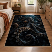 Dark Octopus Area Rug in Black and Navy — bedroom setting