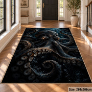 Dark Octopus Area Rug in Black and Navy — hallway setting