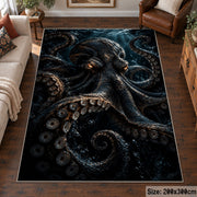 Dark Octopus Area Rug in Black and Navy — living room setting