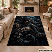 Dark Octopus Area Rug in Black and Navy — fireplace setting
