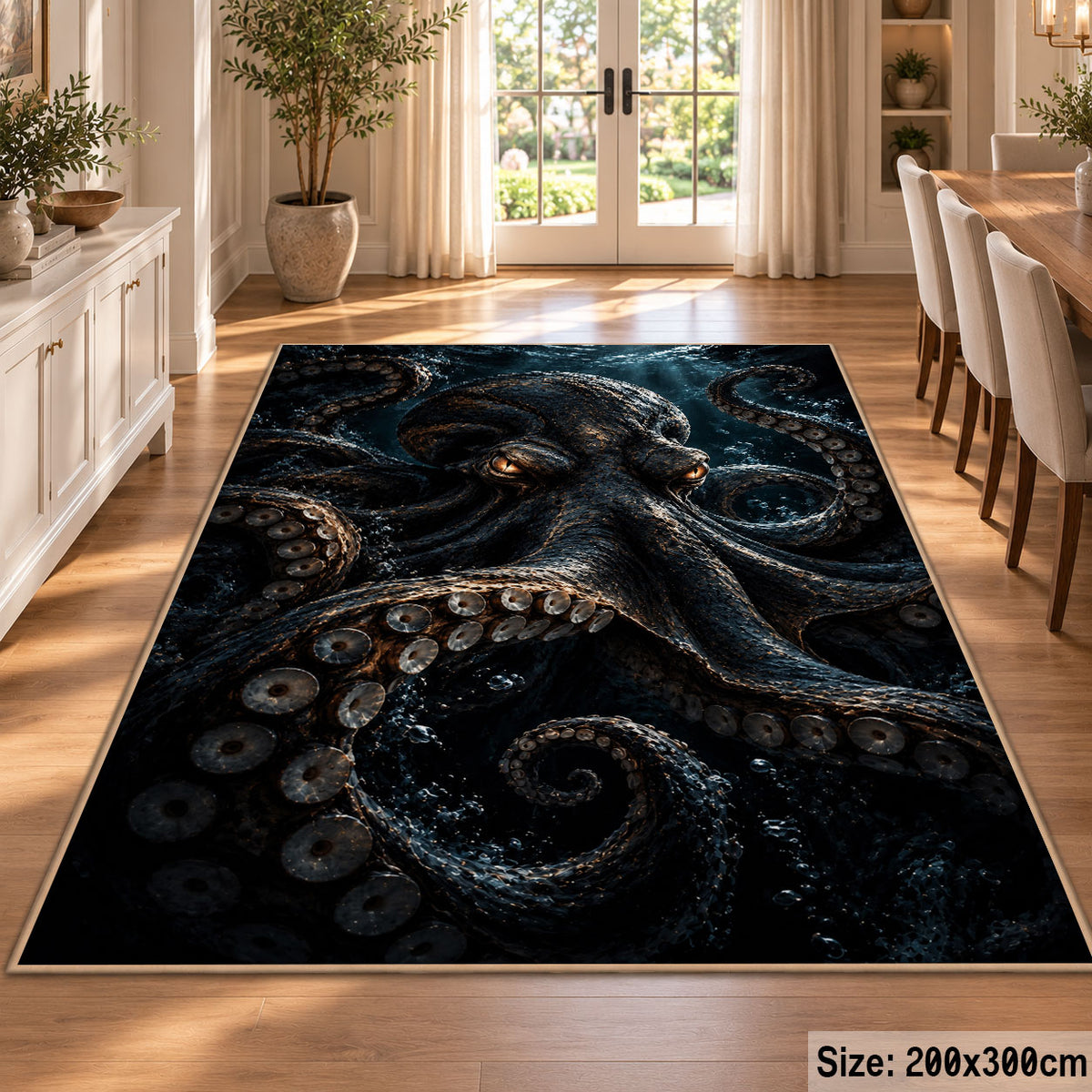 Dark Octopus Area Rug in Black and Navy — dining room setting