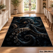 Dark Octopus Area Rug in Black and Navy — dining room setting