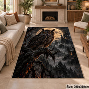 Moonlit Owl Area Rug with Dark Forest and Distant Castle — fireplace area setting