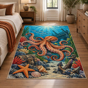 Orange Octopus Coral Reef Area Rug with Starfish and Anchor — bedroom setting