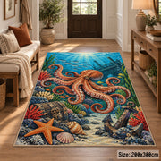 Orange Octopus Coral Reef Area Rug with Starfish and Anchor — entryway setting