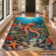 Orange Octopus Coral Reef Area Rug with Starfish and Anchor — hallway setting