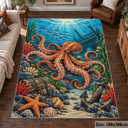 Orange Octopus Coral Reef Area Rug with Starfish and Anchor — living room setting