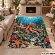 Orange Octopus Coral Reef Area Rug with Starfish and Anchor — fireplace setting