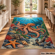 Orange Octopus Coral Reef Area Rug with Starfish and Anchor — dining room setting