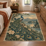 Peacock Floral Area Rug with Lake and Mountain Landscape — bedroom setting