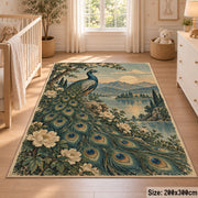 Peacock Floral Area Rug with Lake and Mountain Landscape — nursery setting