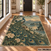 Peacock Floral Area Rug with Lake and Mountain Landscape — hallway setting