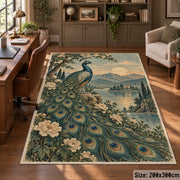 Peacock Floral Area Rug with Lake and Mountain Landscape — home office setting