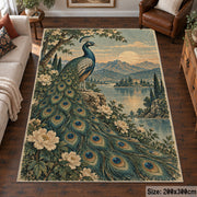 Peacock Floral Area Rug with Lake and Mountain Landscape — living room setting