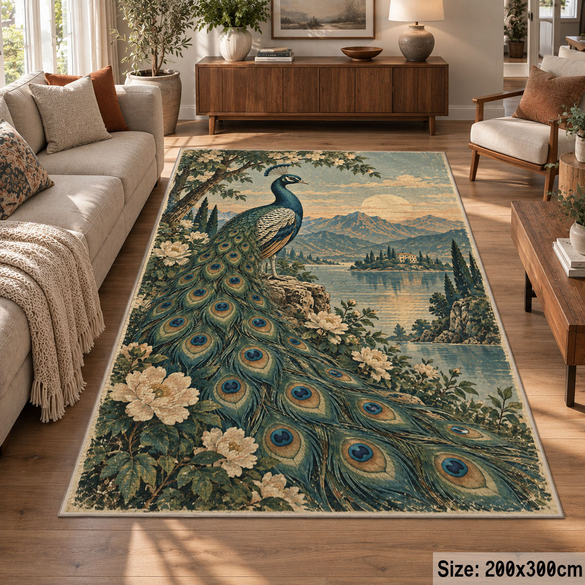 Peacock Floral Area Rug with Lake and Mountain Landscape — sofa seating area setting