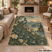 Peacock Floral Area Rug with Lake and Mountain Landscape — fireplace area setting
