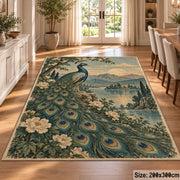 Peacock Floral Area Rug with Lake and Mountain Landscape — dining room setting