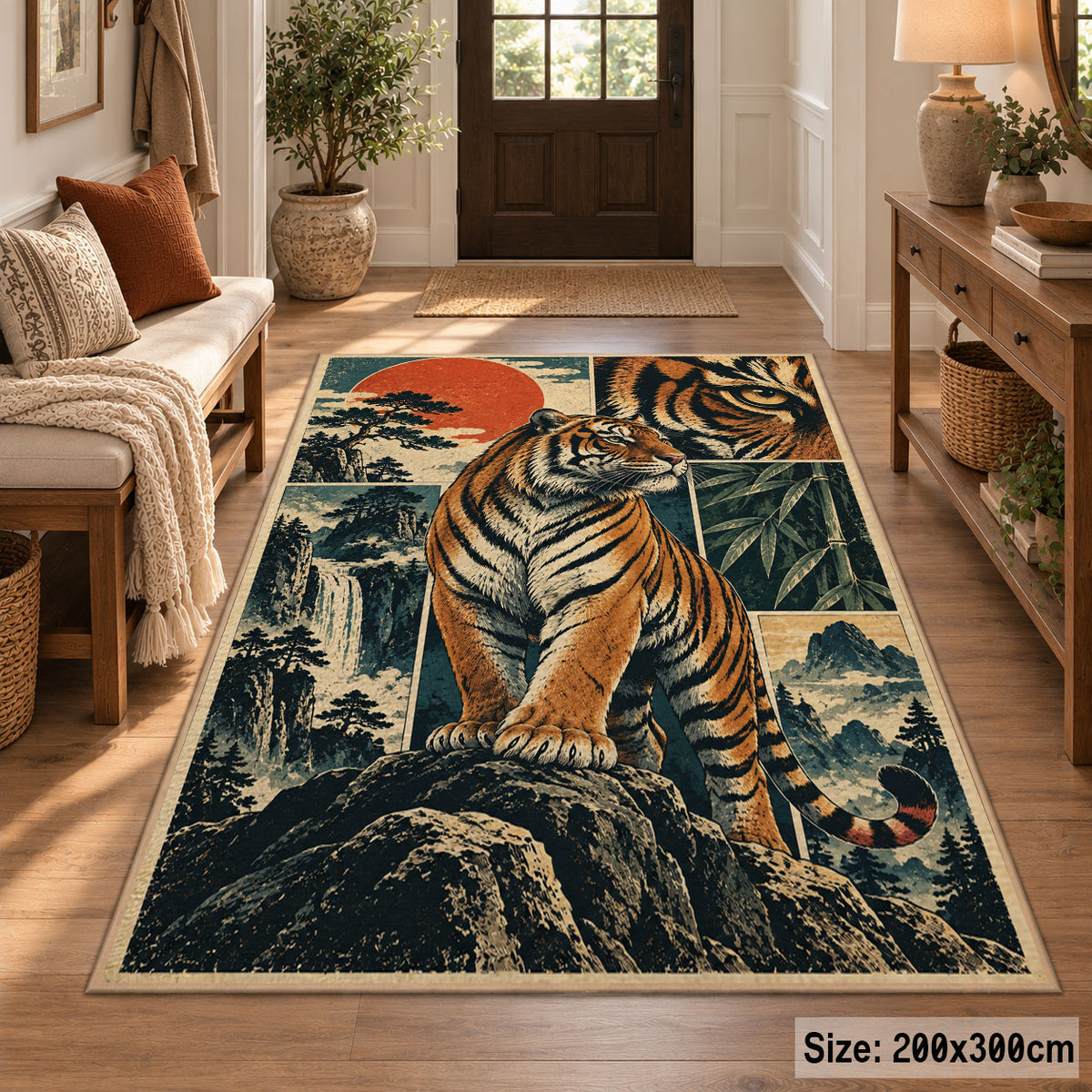 Tiger Mountain Collage Area Rug with Waterfall and Sunset Panels — entryway setting