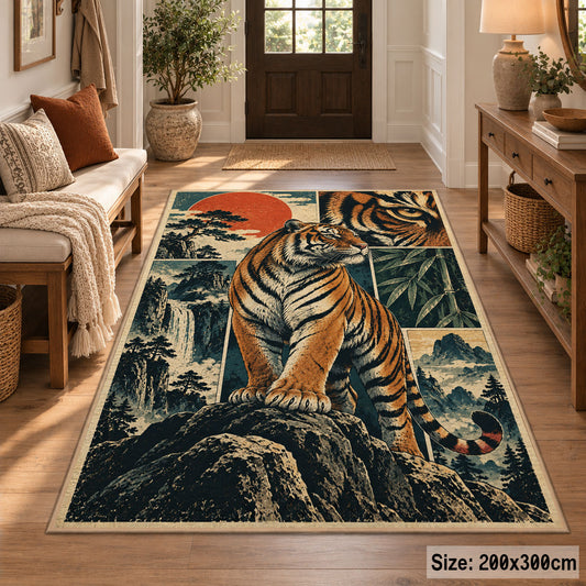 Tiger Mountain Collage Area Rug with Waterfall and Sunset Panels — entryway setting