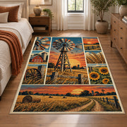 Sunset Farm Windmill Collage Area Rug with Barn and Sunflowers — bedroom setting