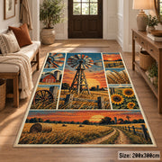 Sunset Farm Windmill Collage Area Rug with Barn and Sunflowers — entryway setting