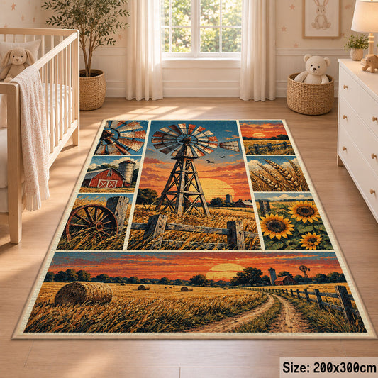 Sunset Farm Windmill Collage Area Rug with Barn and Sunflowers — nursery setting