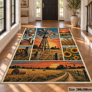 Sunset Farm Windmill Collage Area Rug with Barn and Sunflowers — hallway setting