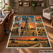 Sunset Farm Windmill Collage Area Rug with Barn and Sunflowers — home office setting