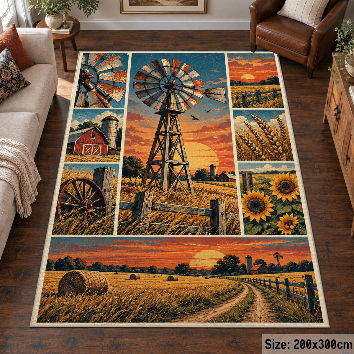 Sunset Farm Windmill Collage Area Rug with Barn and Sunflowers — living room setting