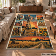 Sunset Farm Windmill Collage Area Rug with Barn and Sunflowers — sofa seating area setting