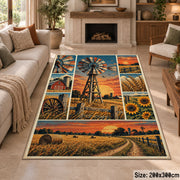Sunset Farm Windmill Collage Area Rug with Barn and Sunflowers — fireplace area setting
