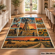 Sunset Farm Windmill Collage Area Rug with Barn and Sunflowers — dining room setting