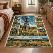 Farm Windmill Landscape Area Rug with Green Fields and Blue Sky — bedroom setting
