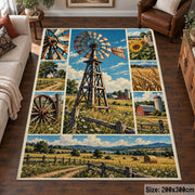 Farm Windmill Landscape Area Rug with Green Fields and Blue Sky — living room setting