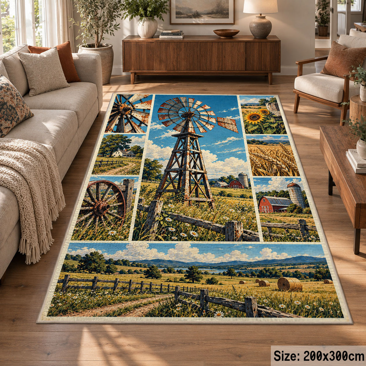Farm Windmill Landscape Area Rug with Green Fields and Blue Sky — sofa seating area setting