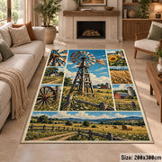 Farm Windmill Landscape Area Rug with Green Fields and Blue Sky — fireplace area setting