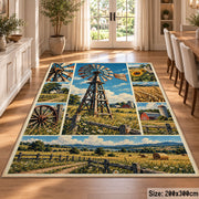 Farm Windmill Landscape Area Rug with Green Fields and Blue Sky — dining room setting