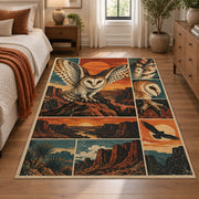 Flying Owl Desert Collage Area Rug in Teal and Terracotta — bedroom setting