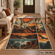 Flying Owl Desert Collage Area Rug in Teal and Terracotta — entryway setting