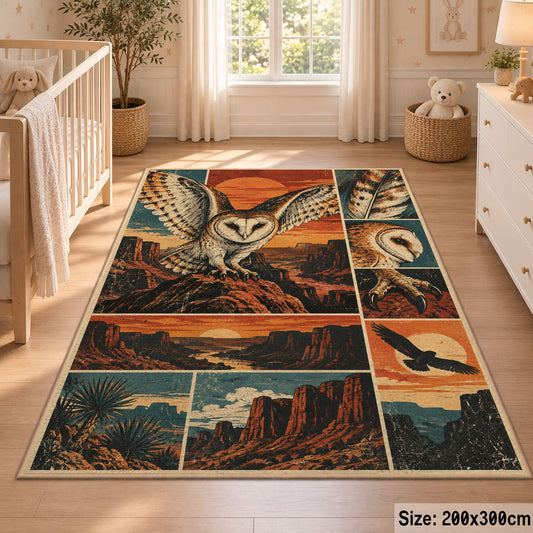 Flying Owl Desert Collage Area Rug in Teal and Terracotta — nursery setting